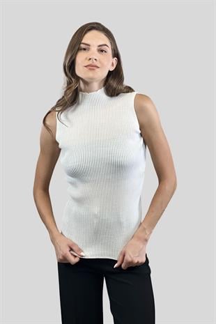 Kadın Boğazlı Balıkçı Yaka Kolsuz Basic Ekru Triko Bluz