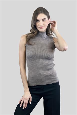 Kadın Boğazlı Balıkçı Yaka Kolsuz Basic Ekru Triko Bluz