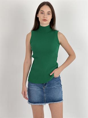 Kadın Boğazlı Balıkçı Yaka Kolsuz Basic K.Yeşil Triko Bluz