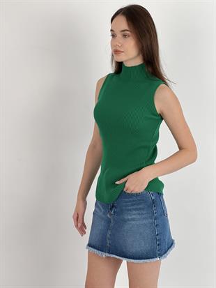 Kadın Boğazlı Balıkçı Yaka Kolsuz Basic K.Yeşil Triko Bluz