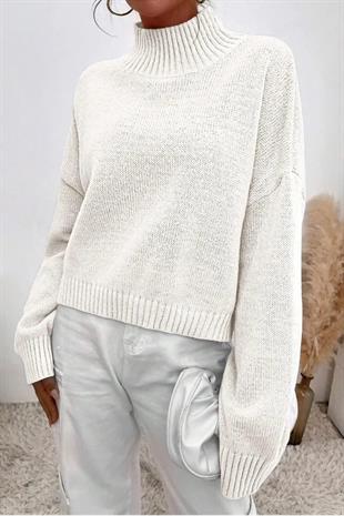 Kadın Boğazlı Balıkçı Yaka Oversize Uzun Lila Triko Kazak