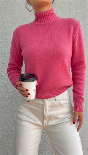Kadın Boğazlı Balıkçı Yaka  Uzun Fuşya Triko Kazak