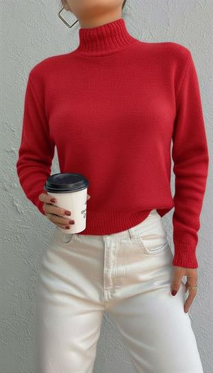 Kadın Boğazlı Balıkçı Yaka  Uzun Kırmızı Triko Kazak