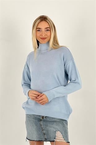 Kadın Boğazlı Balıkçı Yaka Uzun Kışlık Lila Triko Kazak