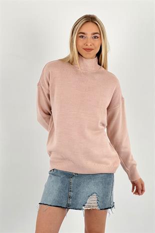 Kadın Boğazlı Balıkçı Yaka Uzun Kışlık Lila Triko Kazak