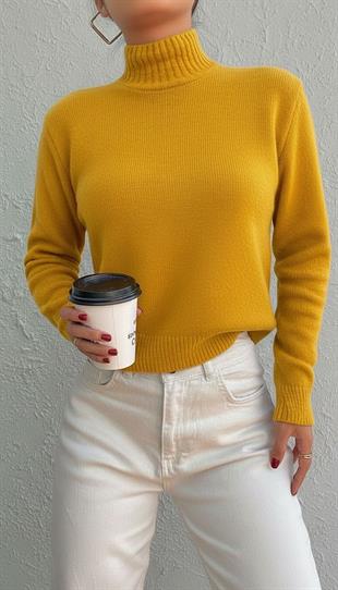 Kadın Boğazlı Balıkçı Yaka  Uzun Sarı Triko Kazak