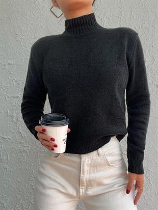 Kadın Boğazlı Balıkçı Yaka  Uzun Siyah Triko Kazak