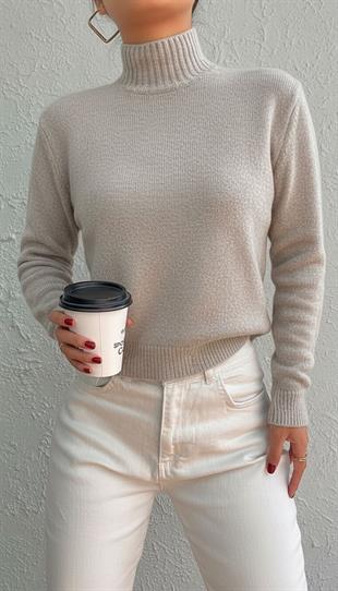 Kadın Boğazlı Balıkçı Yaka  Uzun Taş Triko Kazak