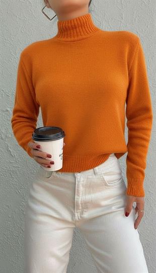 Kadın Boğazlı Balıkçı Yaka  Uzun Turuncu Triko Kazak