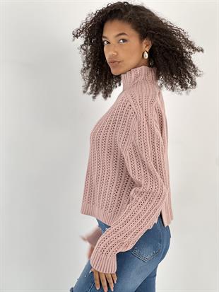 Kadın Boğazlı Delikli Örgü Pudra Kazak