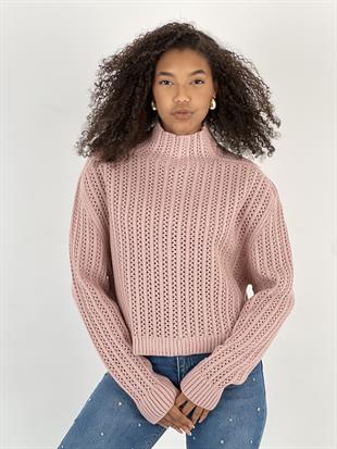 Kadın Boğazlı Delikli Örgü Pudra Kazak