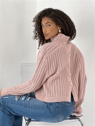 Kadın Boğazlı Delikli Örgü Pudra Kazak