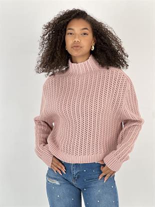 Kadın Boğazlı Delikli Örgü Pudra Kazak