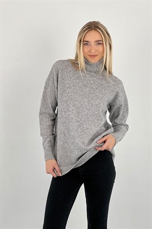 Kadın Boğazlı Kışlık Balıkçı Yaka Basic Gri Triko Kazak