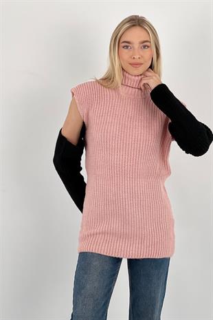 Kadın Boğazlı Omzu Açık Oversize Uzun Pudra Triko Kazak