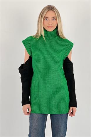 Kadın Boğazlı Omzu Açık Oversize Uzun Pudra Triko Kazak