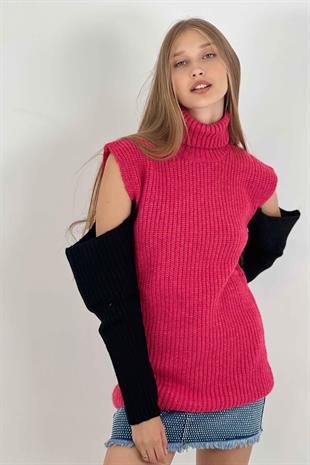 Kadın Boğazlı Omzu Açık Oversize Uzun Fuşya Triko Kazak