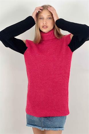 Kadın Boğazlı Omzu Açık Oversize Uzun Fuşya Triko Kazak