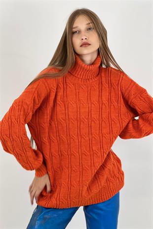 Kadın Boğazlı Oversize Uzun Kışlık Turuncu Triko Kazak