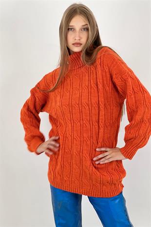 Kadın Boğazlı Oversize Uzun Kışlık Turuncu Triko Kazak