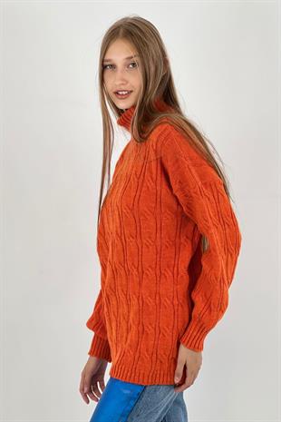 Kadın Boğazlı Oversize Uzun Kışlık Turuncu Triko Kazak