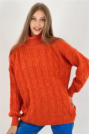 Kadın Boğazlı Oversize Uzun Kışlık Turuncu Triko Kazak