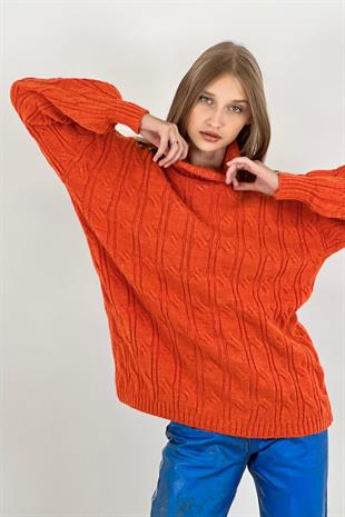 Kadın Boğazlı Oversize Uzun Kışlık Turuncu Triko Kazak