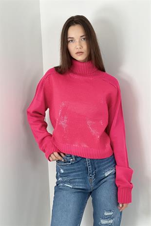 Kadın Boğazlı Payet Baskılı Uzun Kollu Fuşya Triko Kazak
