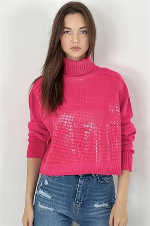 Kadın Boğazlı Payet Baskılı Uzun Kollu Fuşya Triko Kazak