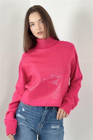 Kadın Boğazlı Payet Baskılı Uzun Kollu Fuşya Triko Kazak