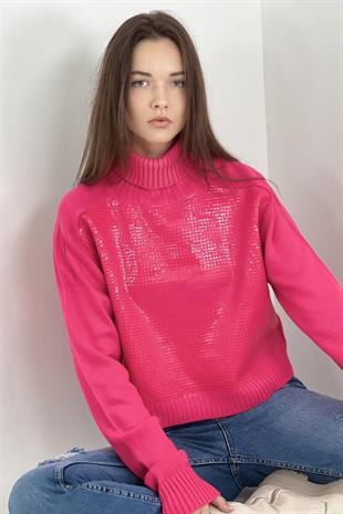Kadın Boğazlı Payet Baskılı Uzun Kollu Fuşya Triko Kazak