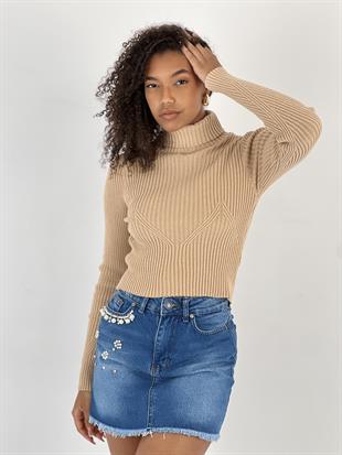 Kadın Boğazlı Yaka Fitilli Crop Bej Triko Bluz