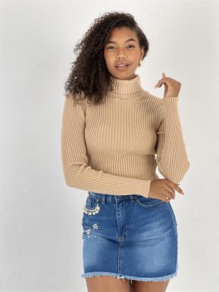 Kadın Boğazlı Yaka Fitilli Crop Bej Triko Bluz