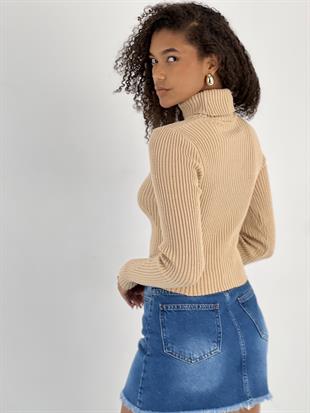 Kadın Boğazlı Yaka Fitilli Crop Bej Triko Bluz