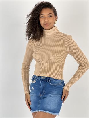 Kadın Boğazlı Yaka Fitilli Crop Bej Triko Bluz