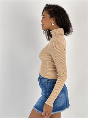 Kadın Boğazlı Yaka Fitilli Crop Bej Triko Bluz