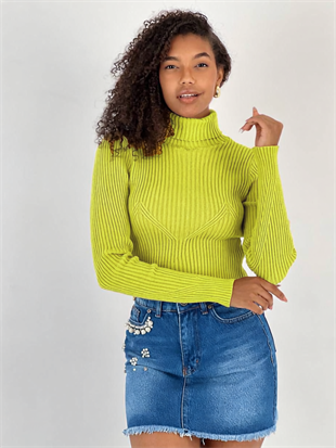 Kadın Boğazlı Yaka Fitilli Crop Yeşil Triko Bluz