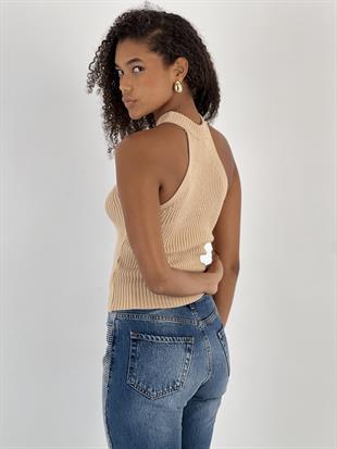 Kadın Boğazlı Yaka Kolsuz Fitilli Bej Crop Triko Bluz