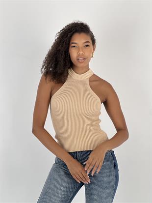 Kadın Boğazlı Yaka Kolsuz Fitilli Bej Crop Triko Bluz