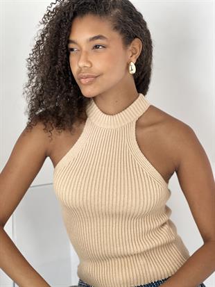 Kadın Boğazlı Yaka Kolsuz Fitilli Bej Crop Triko Bluz