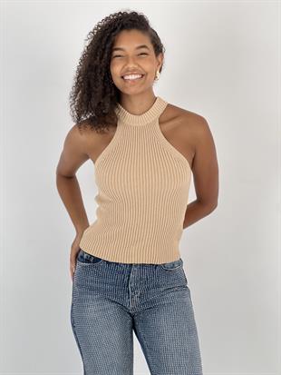 Kadın Boğazlı Yaka Kolsuz Fitilli Bej Crop Triko Bluz