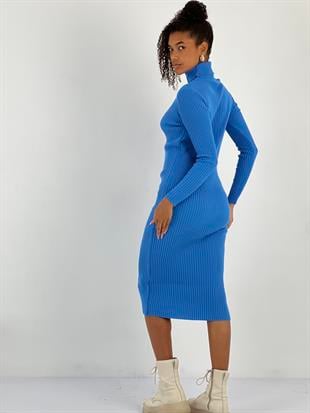 Kadın Boğazlı Yaka Pencere Dekolteli Mavi Triko Elbise