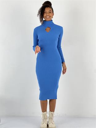 Kadın Boğazlı Yaka Pencere Dekolteli Mavi Triko Elbise