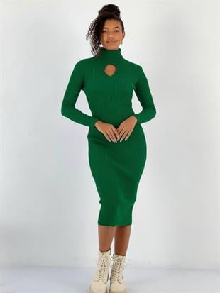 Kadın Boğazlı Yaka Pencere Dekolteli Yeşil Triko Elbise