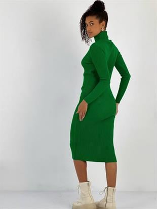 Kadın Boğazlı Yaka Pencere Dekolteli Yeşil Triko Elbise
