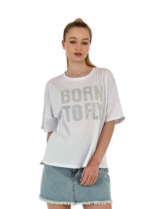 Kadın Born Baskılı Kısa Kollu Yazlık Beyaz Tişört