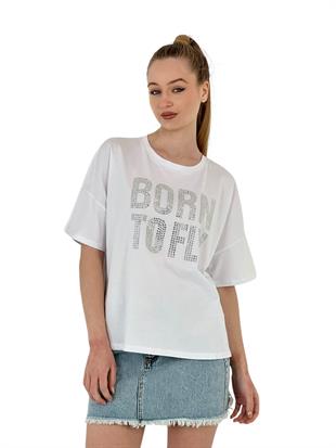 Kadın Born Baskılı Kısa Kollu Yazlık Beyaz Tişört