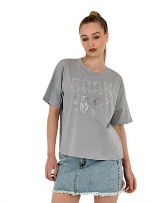 Kadın Born Baskılı Kısa Kollu Yazlık Beyaz Tişört