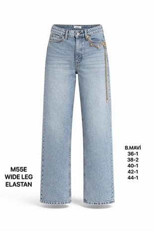 Kadın Buz Mavi Zincir Aksesuar Detaylı Wide Leg Jean Pantolon-M55E-44