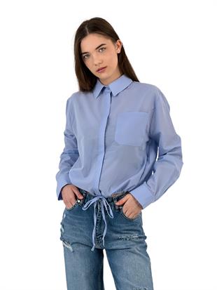 Kadın Büzgülü Kısa Cepli Basic Crop Beyaz Gömlek